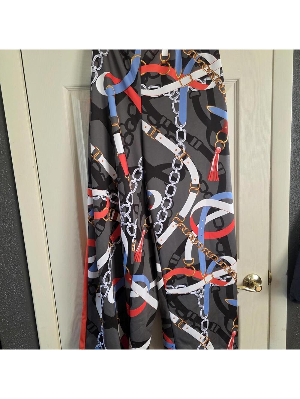 Ashley Stewart Wide Leg Pants in Black with Red, Blue & White Chain Print